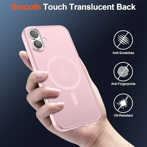 Чехол SUPFINE Magnetic для iPhone 17 с защитным стеклом (совместим с MagSafe) (защита от падений военного класса), полупрозрачный матовый противоударный чехол с защитой от отпечатков пальцев, светло-розовый - 6