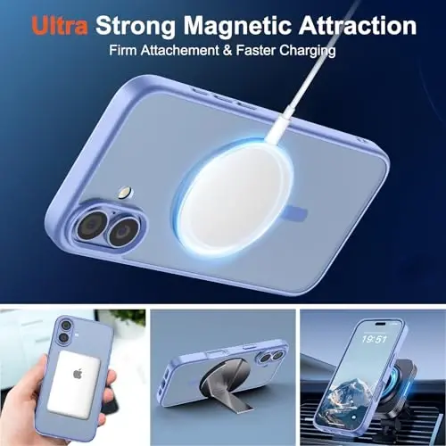 Чехол SUPFINE Magnetic для iPhone 17 (совместим с MagSafe) (армейская защита от падений) Полупрозрачный матовый противоударный чехол с защитой от отпечатков пальцев, сине-фиолетовый - 5