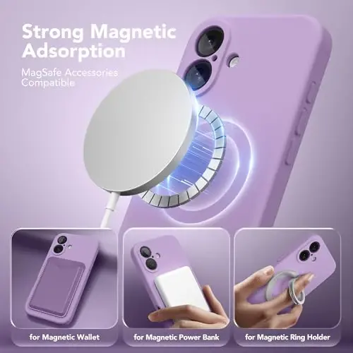 Чехол SuydanBox Magnetic для iPhone 16 Plus, совместимый с MagSafe, [Полная защита камеры] [Защитное стекло] Силиконовый противоударный защитный чехол для телефона для iPhone 16 Plus 6,7 дюйма, светло-фиолетовый - 2