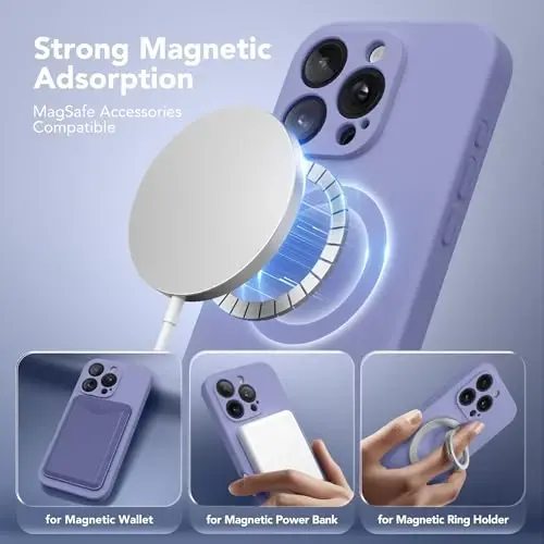 Чехол SuydanBox Magnetic для iPhone 16 Pro Max, совместимый с MagSafe, [Полная защита камеры] [Защитное стекло] Силиконовый противоударный защитный чехол для iPhone 16 Pro Max, лавандово-серый - 2