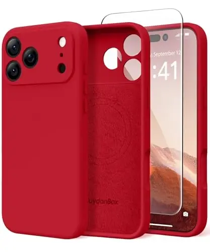Чехол SuydanBox Magnetic для iPhone 17 Pro, совместимый с MagSafe, [Полная защита камеры][Защитное стекло] Силиконовый противоударный защитный чехол для iPhone 17 Pro, 6,3 дюйма, темно-красный 