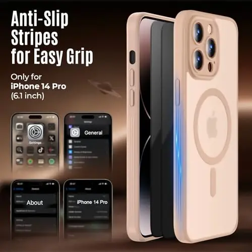 Чехол Symcele для iPhone 14 Pro, светло-коричневый | Совместим с MagSafe, с 2 защитными стеклами конфиденциальности, [Защита камеры] [Защита от падения с 15 футов] Ударопрочный чехол 6,1