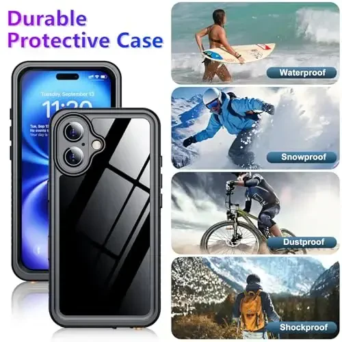Чехол Temdan для iPhone 16, водонепроницаемый, со встроенным защитным экраном и камерой, IP68, подводный, полноразмерный, 5 метров, защищенный от падений, ударопрочный, 6,1 дюйма, черный/прозрачный - 6