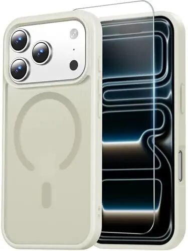 Чехол Temdan для iPhone 17 Pro Max с защитным стеклом, совместим с Magsafe, не желтеет, защита военного класса, противоударный тонкий магнитный чехол, античный белый - TEMDAN