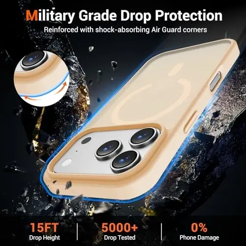 Чехол Temdan для iPhone 17 Pro Max с защитным стеклом, совместим с Magsafe, не желтеет, защита военного уровня, ударопрочный тонкий магнитный чехол, песочная пудра - 4