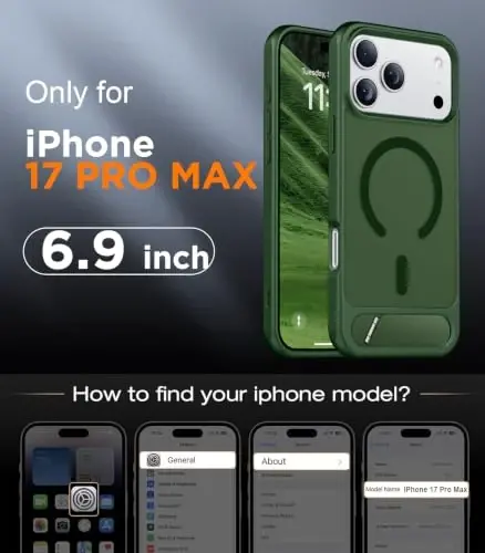 Чехол Temdan для iPhone 17 Pro Max, [Встроенная невидимая подставка][Совместимо с MagSafe][Армейская защита от ударов] Тонкий полупрозрачный матовый чехол для 17 Pro Max 6,9 дюйма (Лесной зеленый) - TEMDAN (1)