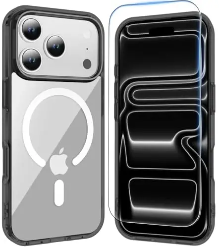 Чехол Temdan для iPhone 17 Pro, прозрачный, с защитной пленкой для экрана, совместим с Magsafe, защита от пожелтения, военный класс защиты, ударопрочный тонкий магнитный чехол, черный - 1