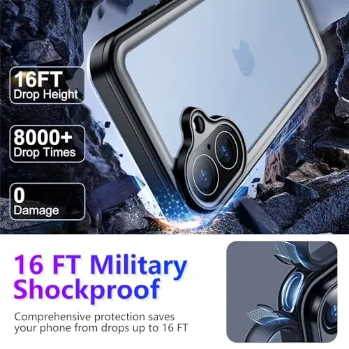 Чехол Temdan для iPhone 17, водонепроницаемый, со встроенной защитой экрана и камеры, IP68, подводный, полностью защищенный, защита от падения с высоты 17 футов, противоударный, 6,3 дюйма — синий/прозрачный - 3