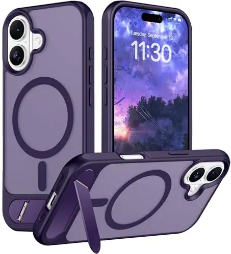 Чехол Temdan с магнитной совместимостью для iPhone 16, [встроенная невидимая подставка] [совместимо с MagSafe] [армейская защита от ударов] Тонкий полупрозрачный матовый чехол для iPhone 16 6.1