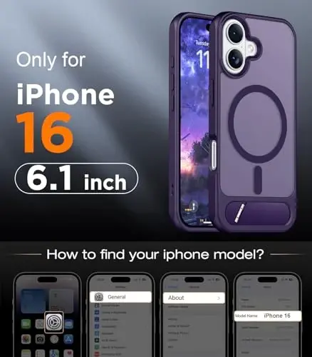 Чехол Temdan с магнитной совместимостью для iPhone 16, [встроенная невидимая подставка] [совместимо с MagSafe] [армейская защита от ударов] Тонкий полупрозрачный матовый чехол для iPhone 16 6.1
