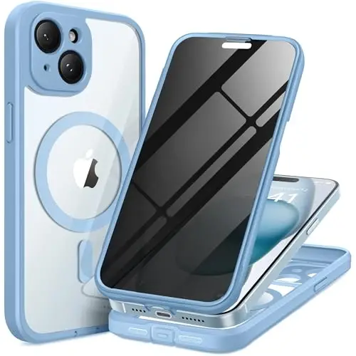 Чехол TIESZEN для iPhone 15 Plus, совместимый с MagSafe, со встроенным защитным экраном для конфиденциальности и защитой камеры, противошпионский, полноразмерный, пыленепроницаемый, ударопрочный жесткий чехол для телефона 6,7 дюйма, небесно-голубой - 3