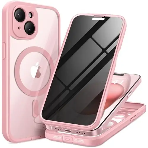 Чехол TIESZEN для iPhone 15 Plus, совместимый с MagSafe, со встроенным защитным экраном конфиденциальности и защитой камеры, защита от шпионов, полноразмерный, пыленепроницаемый, ударопрочный, жесткий чехол для телефона 6,7 дюйма, светло-розовый 