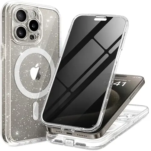Чехол TIESZEN для iPhone 15 Pro Max, совместимый с MagSafe, со встроенным защитным экраном и защитой камеры, противошпионский, полноразмерный, пыленепроницаемый, ударопрочный, жесткий, блестящий, прозрачный, 6,7 дюйма 