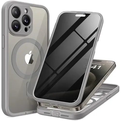 Чехол TIESZEN для iPhone 15 Pro Max, совместимый с MagSafe, со встроенным защитным экраном с функцией защиты от подглядывания и защитой камеры, противоударный жесткий чехол 6,7 дюйма, светло-серый 