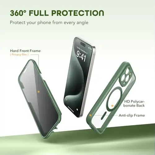 Чехол TIESZEN для iPhone 15 Pro, совместимый с MagSafe, со встроенным защитным экраном для конфиденциальности и защитой камеры, противошпионский, полнокорпусный, пыленепроницаемый, ударопрочный жесткий чехол для телефона 6,1 дюйма, темно-зеленый - 4