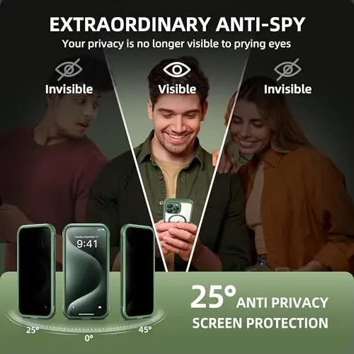 Чехол TIESZEN для iPhone 15 Pro, совместимый с MagSafe, со встроенным защитным экраном для конфиденциальности и защитой камеры, противошпионский, пылезащитный, ударопрочный, темно-зеленый, 6,1 дюйма - 2