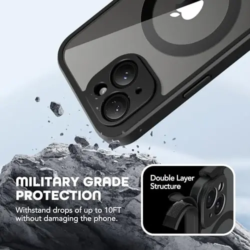 Чехол TIESZEN для iPhone 15, совместимый с MagSafe, со встроенной защитной пленкой для экрана с функцией конфиденциальности и защитой камеры, противошпионский, полнокорпусный, пылезащитный, ударопрочный жесткий чехол 6,1 дюйма, черный - 3