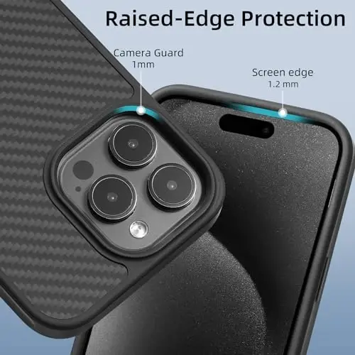 Чехол Tigowos Carbon Fiber для iPhone 15 Pro Max, совместим с MagSafe, прочный защитный чехол из арамидного углеродного волокна, поддержка беспроводной зарядки, черный карбон - 2