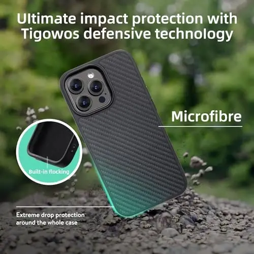 Чехол Tigowos Carbon Fiber для iPhone 15 Pro Max, совместим с MagSafe, прочный защитный чехол из арамидного углеродного волокна, поддержка беспроводной зарядки, черный карбон - 3