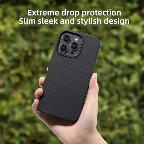 Чехол Tigowos Carbon Fiber для iPhone 15 Pro Max, совместим с MagSafe, прочный защитный чехол из арамидного углеродного волокна, поддержка беспроводной зарядки, черный карбон - 4