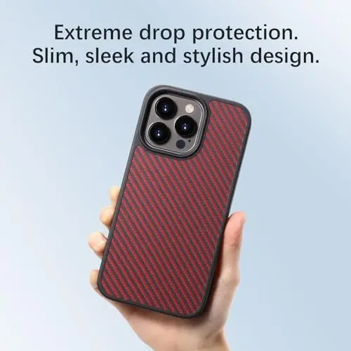 Чехол Tigowos для iPhone 15 Pro Max из арамидного волокна, приятный на ощупь, прочный карбоновый бампер, красно-углеродное волокно - 5