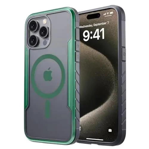 Чехол Tigowos для iPhone 15 Pro Max с поддержкой MagSafe, прочный, тонкий, с матовой задней панелью, ударопрочный, защита военного уровня, магнитный чехол для 15 Pro Max, матовый металлический зеленый 