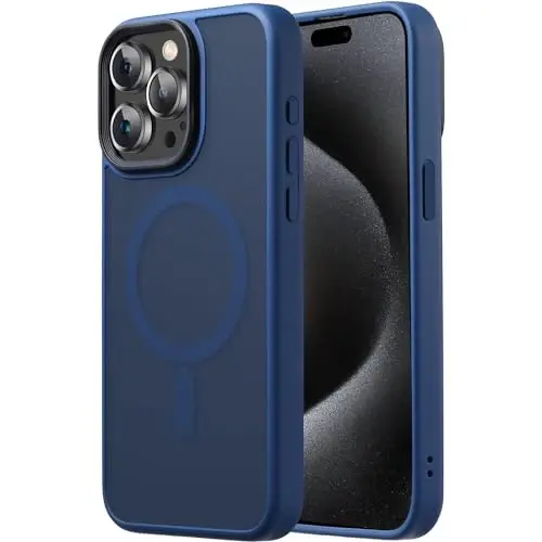 Чехол Tigowos для iPhone 15 Pro Max, совместимый с MagSafe, защита от падения с высоты 10 футов, матовый, приятный на ощупь, ударопрочный задний бампер для iPhone 15 Pro Max, матовый синий 