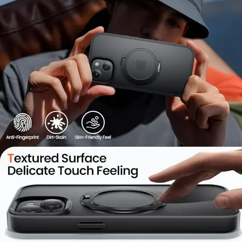 Чехол Tigowos Magnetic для iPhone 15 с вращающейся на 360° подставкой, ударопрочной матовой задней крышкой, тонким облегающим корпусом для iPhone 15, черный с подставкой - 1