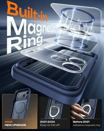 Чехол TOCOL для 17 Pro Max, со встроенным магнитным кольцом, совместимый с Magsafe, полупрозрачный матовый чехол для 17 ProMax, 6,9 дюйма (темно-синий) - 4
