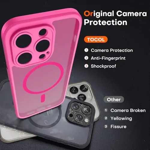 Чехол TOCOL для iPhone 13 Pro Max, совместим с зарядным устройством Magsafe, полная защита камеры, полупрозрачный матовый, для iPhone 13 Pro Max, чехол для телефона 6,7 дюйма (ярко-розовый) - 5