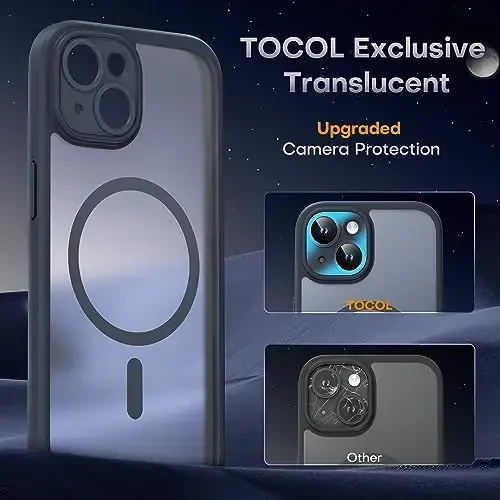 Чехол TOCOL Magnetic для iPhone 15 Plus, улучшенная защита камеры, совместимость с MagSafe, защита от падений, полупрозрачный матовый бампер 6,7 дюйма (черный) - 5
