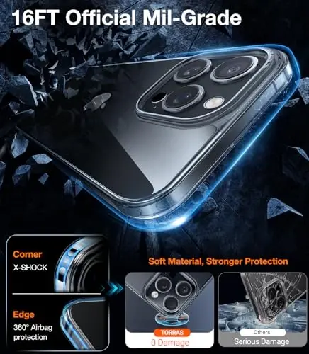 Чехол TORRAS Crystal Clear для iPhone 16 Pro Max, [Защита от пожелтения] [Защита военного уровня], тонкая полупрозрачная задняя панель, мягкий бампер, 6,9