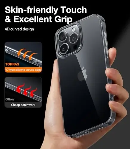 Чехол TORRAS Crystal Clear для iPhone 16 Pro Max, [Защита от пожелтения] [Защита военного уровня], тонкая полупрозрачная задняя панель, мягкий бампер, 6,9