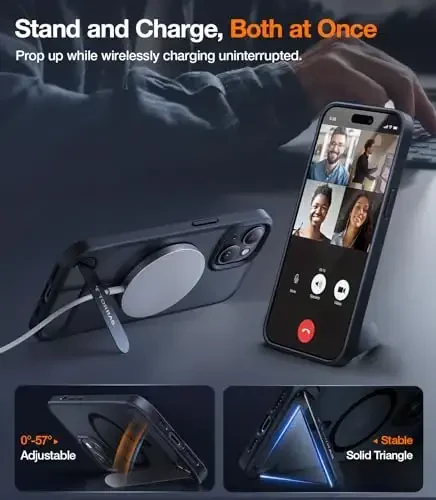 Чехол TORRAS для iPhone 15, крепкий магнитный и бесшовный, совместимый с MagSafe, защита от падений по стандарту Mil-Grade, регулируемая подставка, тонкий матовый черный. - 4