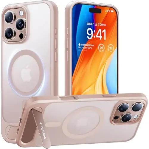Чехол TORRAS для iPhone 16 Pro Max, полупрозрачный, натуральный титан, золото | Мощный магнит и бесшовная подставка, совместим с MagSafe, армейская защита от падений, прочная регулируемая подставка, тонкая матовая отделка - 1