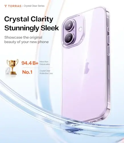 Чехол TORRAS для iPhone 17 Crystal Clear, [Защита от пожелтения] [Армейская защита], Ультратонкий прозрачный задник, Мягкий бампер, 6.3