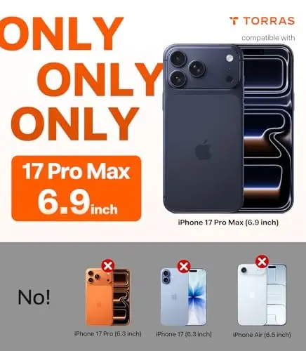 Чехол TORRAS для iPhone 17 Pro Max Crystal Orange, [Защита от пожелтения] [Армейская защита], ультратонкий, оранжевый, 6,9