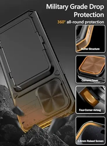 Чехол Vihibii для iPhone 15 Pro Max с держателем для карт (4 карты), слайдером для камеры и подставкой, военного класса защиты от падения, прочный жёсткий задник и силиконовый бортик, 6,7