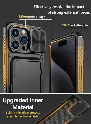 Чехол Vihibii для iPhone 15 Pro Max с держателем для карт (4 карты), слайдером для камеры и подставкой, военного класса защиты от падения, прочный жёсткий задник и силиконовый бортик, 6,7