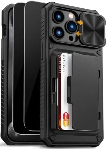 Чехол Vihibii для iPhone 15 Pro Max с держателем для карт (4 карты), встроенным двойным защитным экраном конфиденциальности, сдвижной крышкой камеры и подставкой, армейской защитой от падений, прочный кошелек, черный 