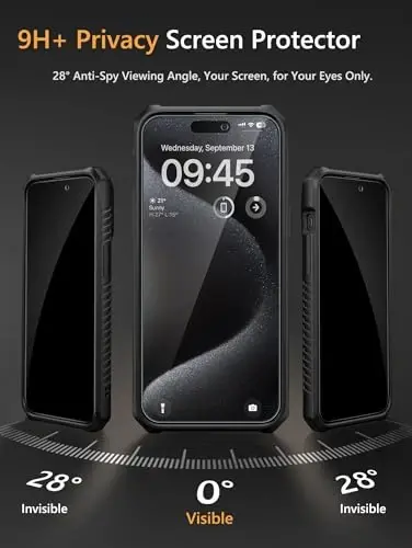 Чехол Vihibii для iPhone 15 Pro Max с держателем для карт (4 карты), встроенным двойным защитным экраном конфиденциальности, сдвижной крышкой камеры и подставкой, армейской защитой от падений, прочный кошелек, черный - 2