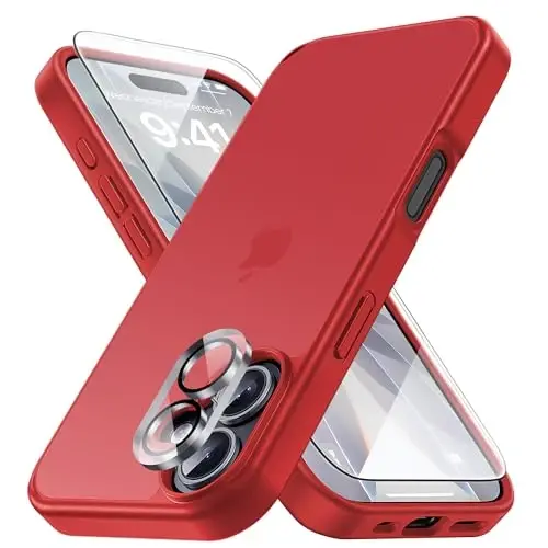 Чехол Yriklso 3 в 1 для iPhone 17, 1 защитное стекло экрана + 1 защита объектива камеры, противоударный для чехла iPhone 17, защита от падений военного класса, защитная жесткая задняя тонкая полупрозрачная крышка, красный 