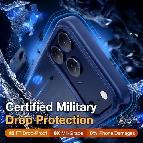 Чехол Yriklso для iPhone 17 Pro Max, 1 защитная пленка + 1 объектив камеры, противоударный, армейская защита от падений, полупрозрачный жесткий тонкий чехол, синий - 4