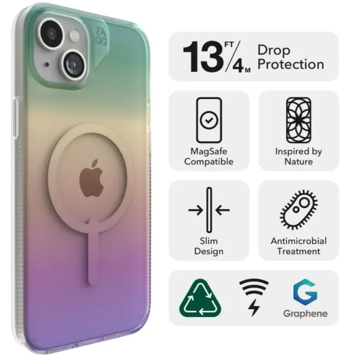 Чехол ZAGG Milan Snap iPhone 15 Plus - Чехол iPhone MagSafe с защитой от падений (13 футов/4 м), прочный графен, защита от пожелтения и царапин, чехол MagSafe с беспроводной зарядкой Iridescent - 6