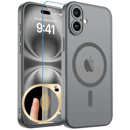 Чехол zapica Magnetic для iPhone 16 Plus, улучшенный [кнопка управления камерой] [полная защита камеры] [с 1 защитным стеклом], полупрозрачный матовый противоударный защитный чехол для телефона, серый 