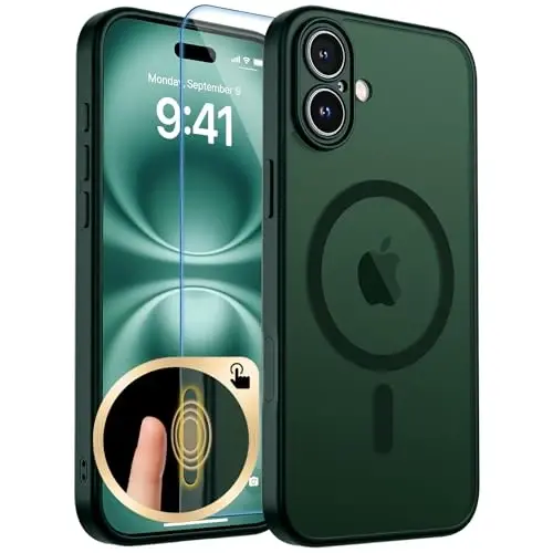 Чехол zapica Magnetic для iPhone 16 Plus, улучшенный [кнопка управления камерой] [полная защита камеры] [с 1 защитным стеклом], полупрозрачный матовый противоударный защитный чехол для телефона, темно-зеленый 