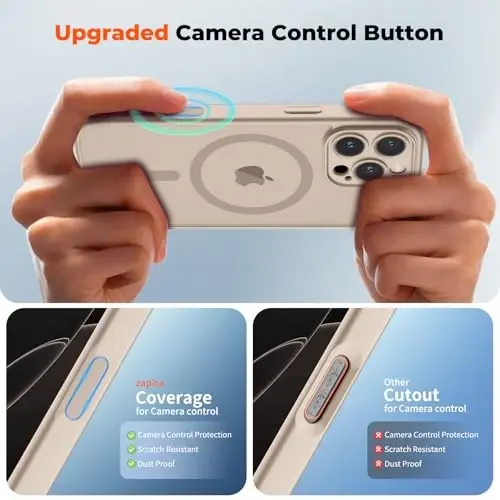 Чехол zapica Magnetic для iPhone 16 Pro, улучшенный [кнопка управления камерой] [полная защита камеры] [с 1 защитным стеклом], полупрозрачный матовый противоударный защитный чехол для телефона, песочно-золотой - 4