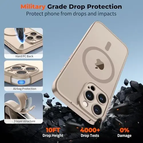 Чехол zapica Magnetic для iPhone 16 Pro, улучшенный [кнопка управления камерой] [полная защита камеры] [с 1 защитным стеклом], полупрозрачный матовый противоударный защитный чехол для телефона, песочно-золотой - 6