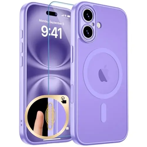 Чехол zapica Magnetic для iPhone 16, усовершенствованный [с кнопкой управления камерой] [полная защита камеры] [с 1 защитным стеклом], полупрозрачный матовый противоударный защитный чехол, фиолетовый 