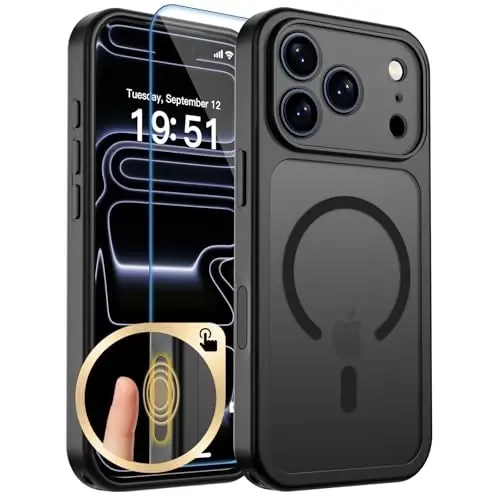 Чехол zapica Magnetic для iPhone 17 Pro Max, улучшенный [Кнопка управления камерой] [Полная защита камеры] [с 1 защитным стеклом] полупрозрачный матовый противоударный защитный чехол для телефона, полуночный черный 